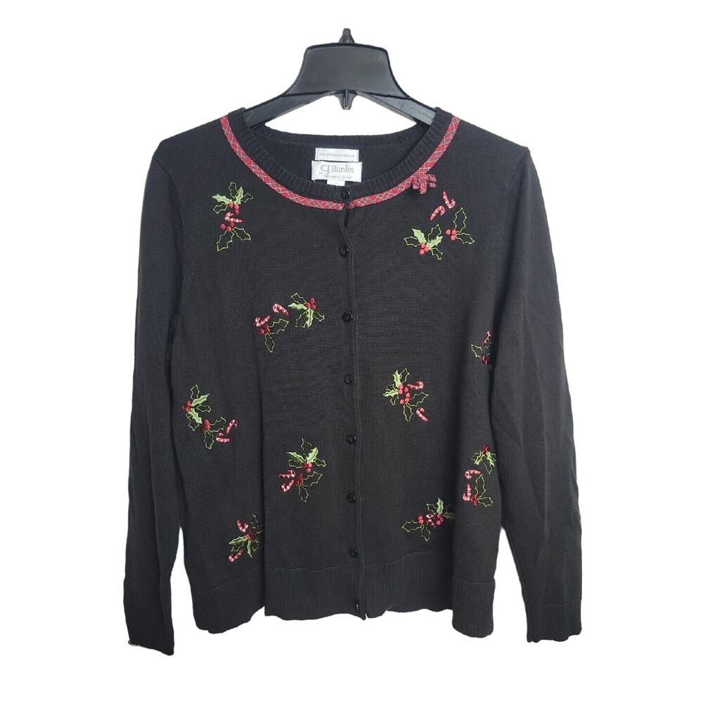 CJ‎ Banks Black Christmas Embroidered Mistletoe Knit Cardigan Sweater Size X